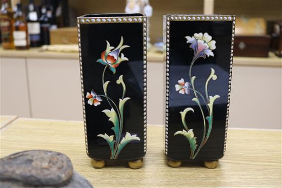 A pair of late 19th century Bohemian enamelled glass square vases, possibly Moser, and some counters height 20cm